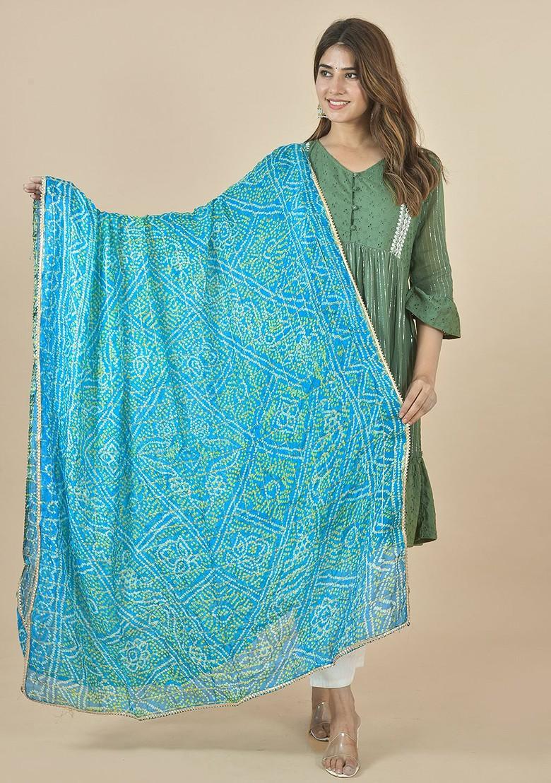 Blue Poly Blend Bandhani Printed Dupatta With Zari