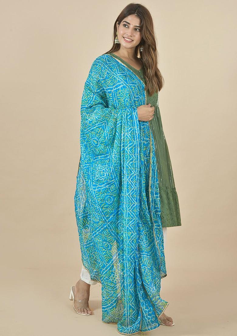 Blue Poly Blend Bandhani Printed Dupatta With Zari