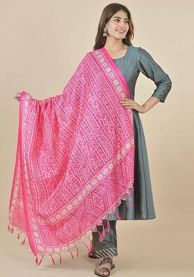 Pink Poly Blend Bandhani Printed Dupatta