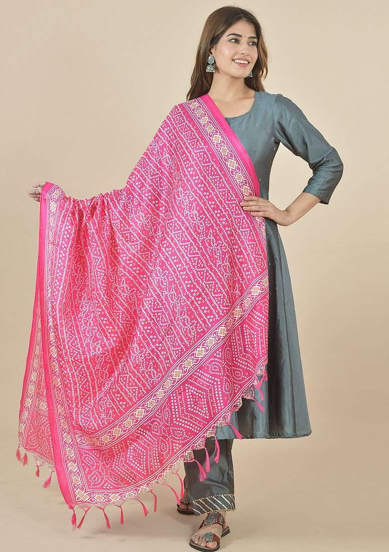 Pink Poly Blend Bandhani Printed Dupatta - Indya