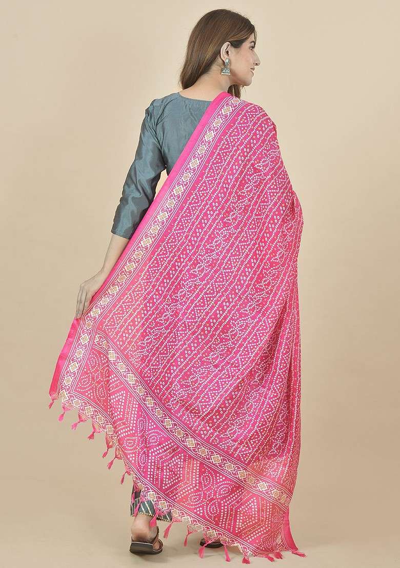 Pink Poly Blend Bandhani Printed Dupatta - Indya