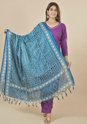 Blue Poly Blend Bandhani Printed Dupatta