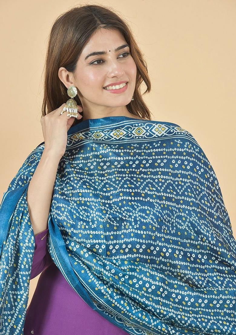 Blue Poly Blend Bandhani Printed Dupatta