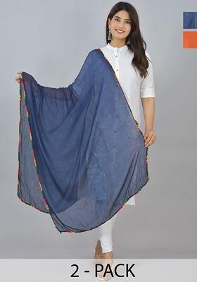 Blue Poly Blend Pack Of 2 White Dupattas