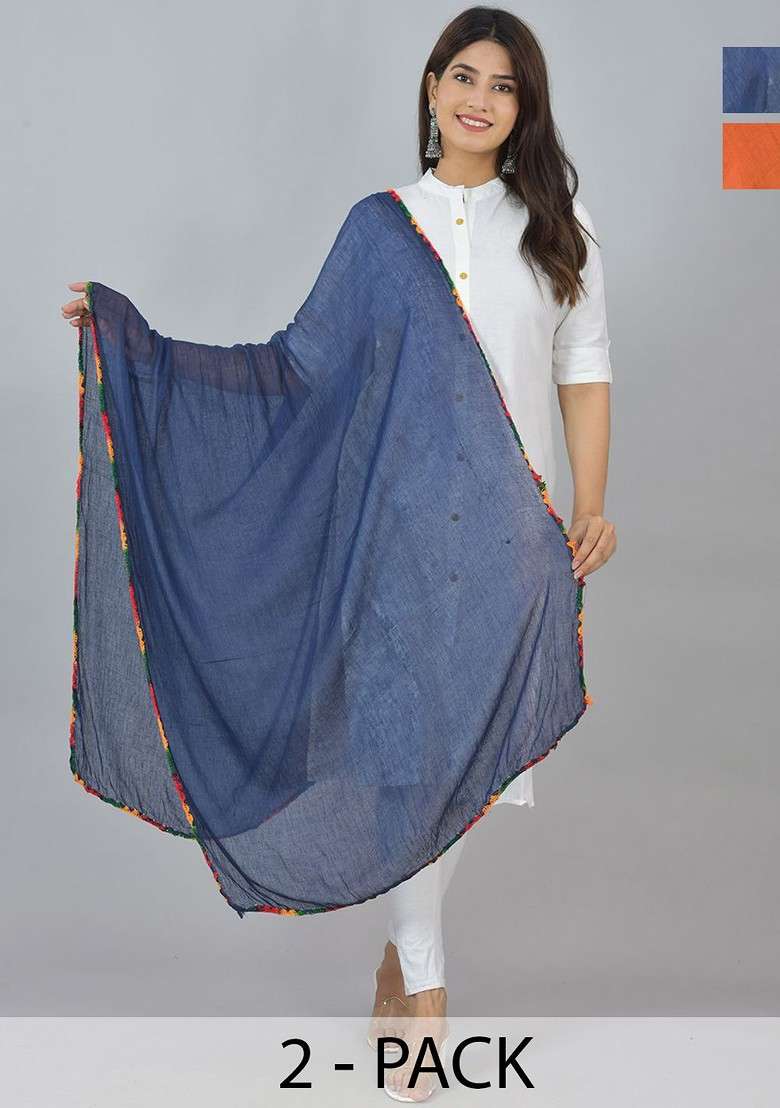 Blue Poly Blend Pack Of 2 White Dupattas - Indya