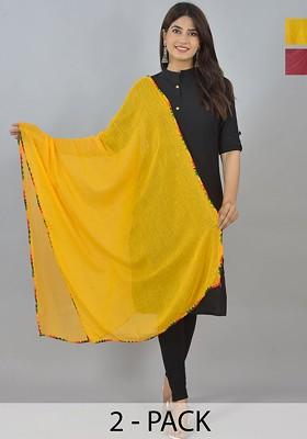 Yellow Poly Blend Pack Of 2 White Dupattas