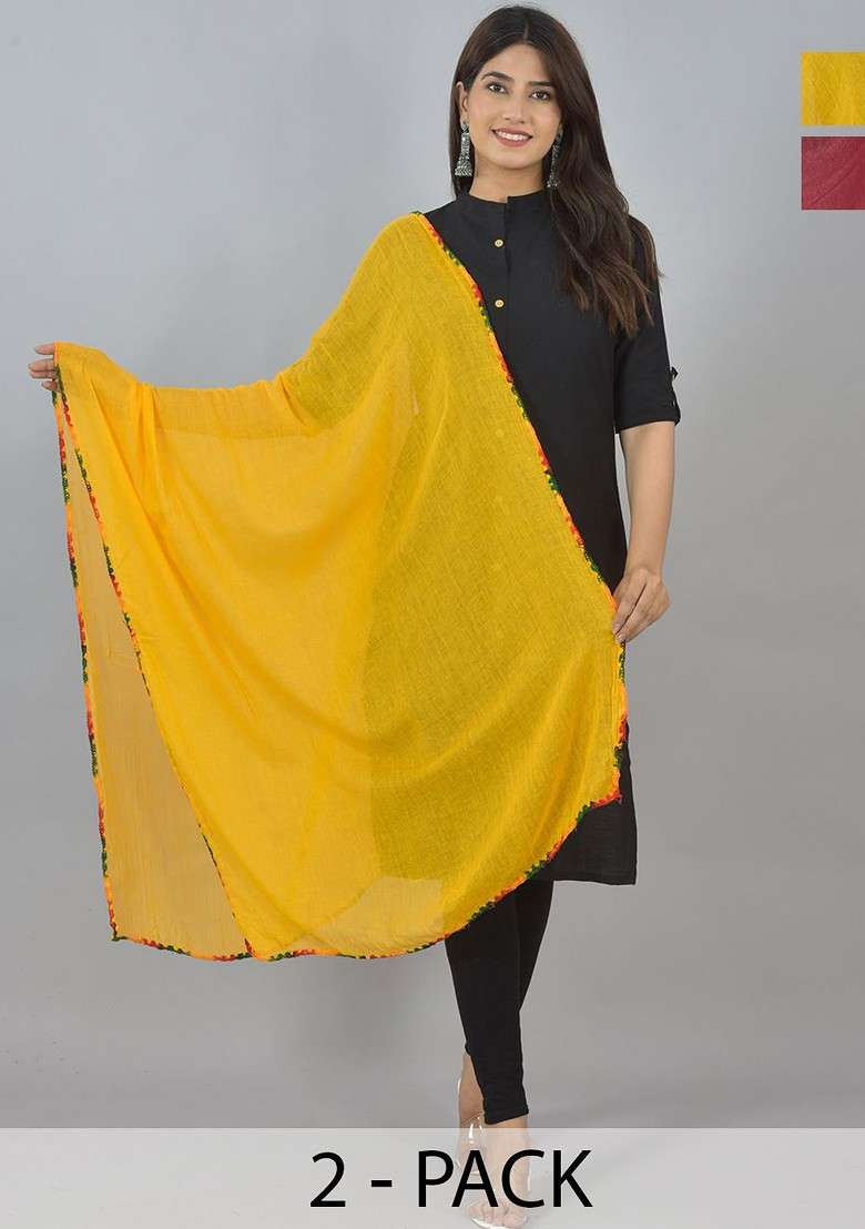 Yellow Poly Blend Pack Of 2 White Dupattas - Indya
