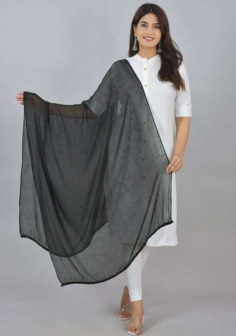 Black Poly Blend Dupatta - Indya