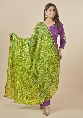 Green Poly Blend Bandhani Printed Dupatta