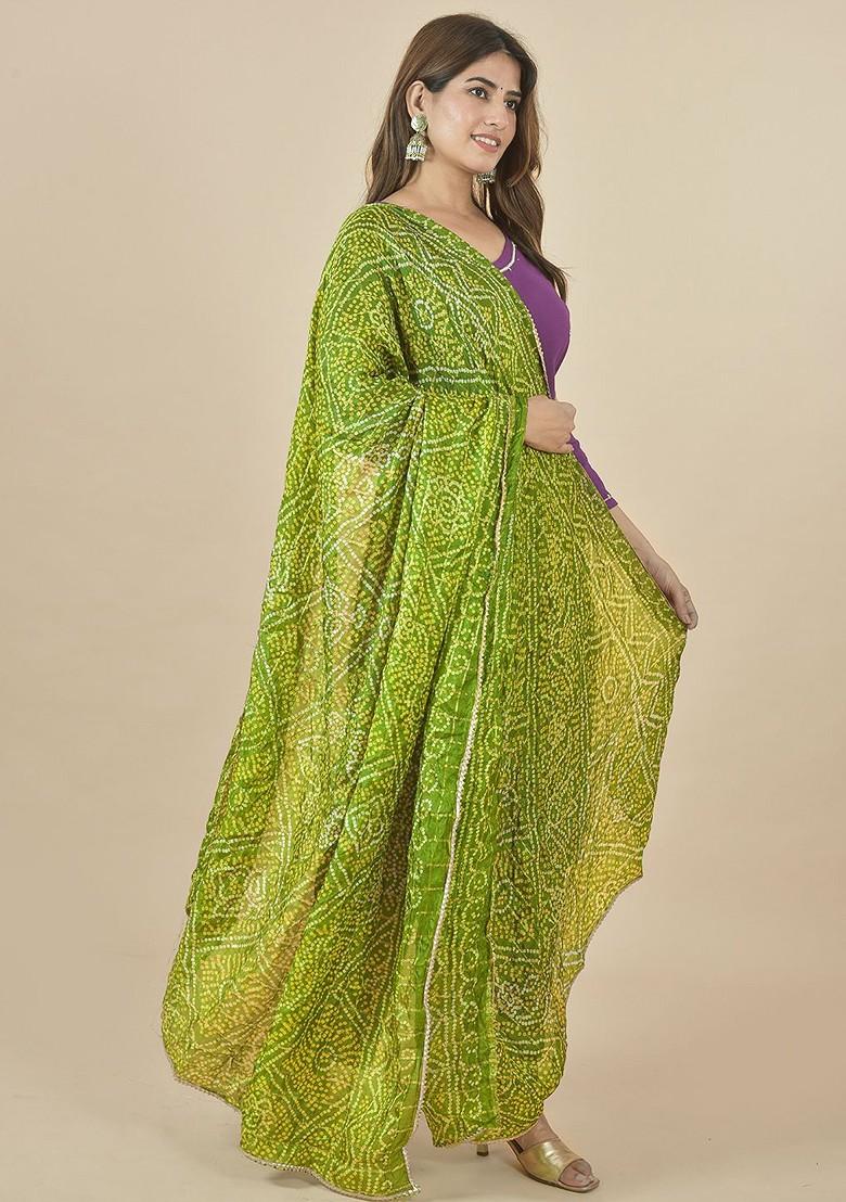 Green Poly Blend Bandhani Printed Dupatta