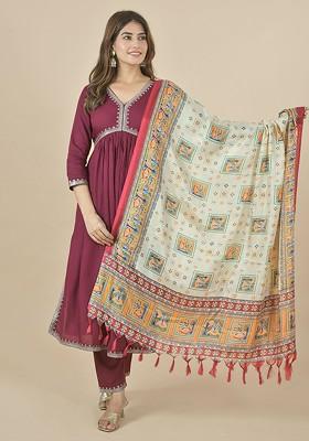 Cream Poly Blend Ethnic Motifs Printed Kalamkari Dupatta
