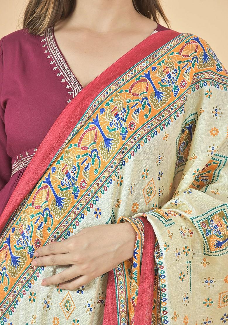 Cream Poly Blend Ethnic Motifs Printed Kalamkari Dupatta