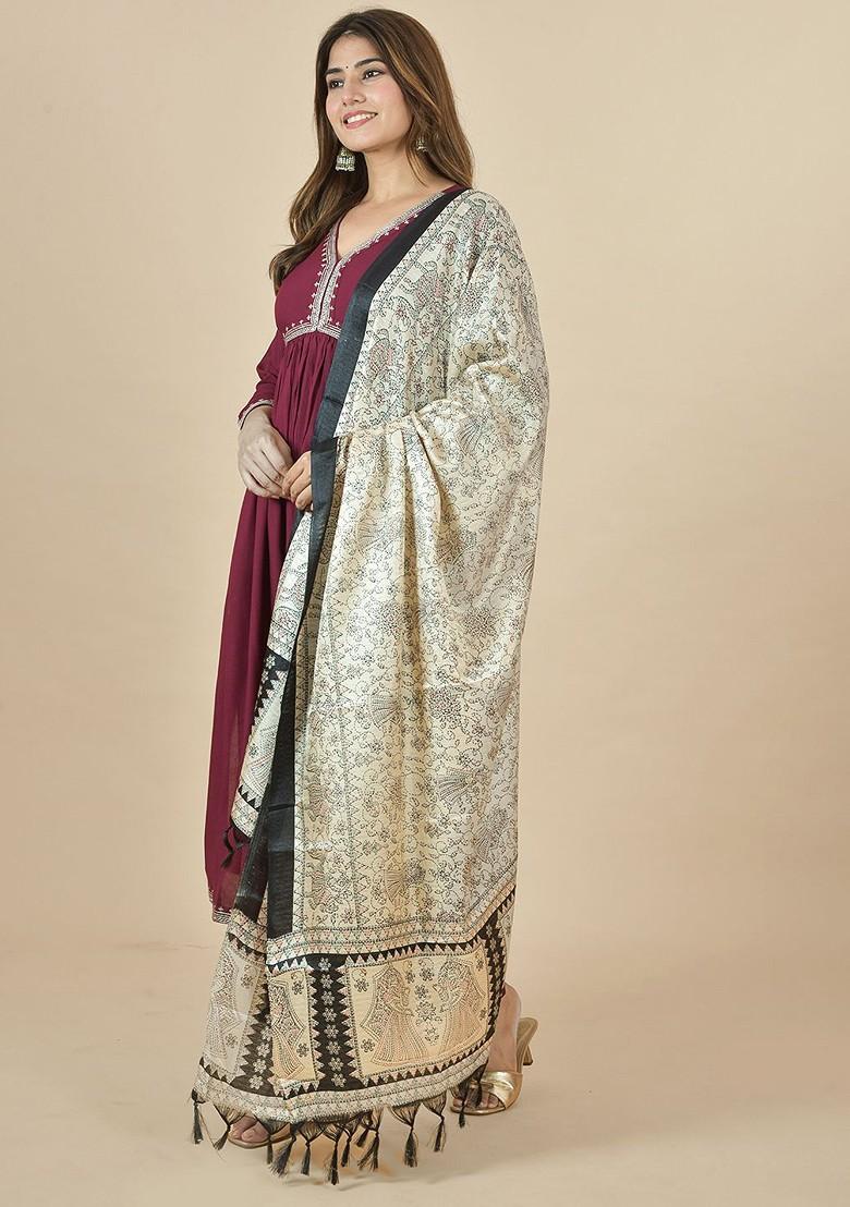 Cream Poly Blend Ethnic Motifs Printed Kalamkari Dupatta