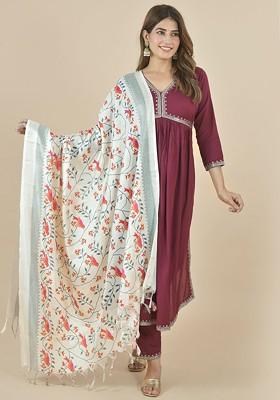 White Poly Blend Ethnic Motifs Printed Kalamkari Dupatta