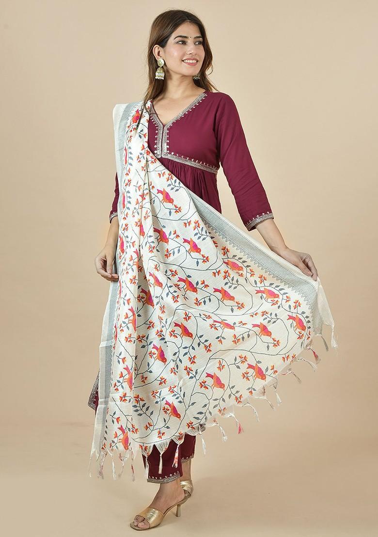 White Poly Blend Ethnic Motifs Printed Kalamkari Dupatta