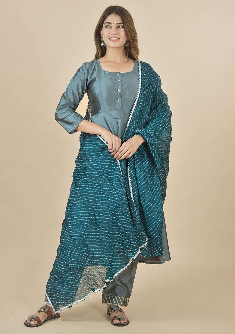 Blue Poly Blend Leheriya Printed Kota Doriya White Dupattas - Indya