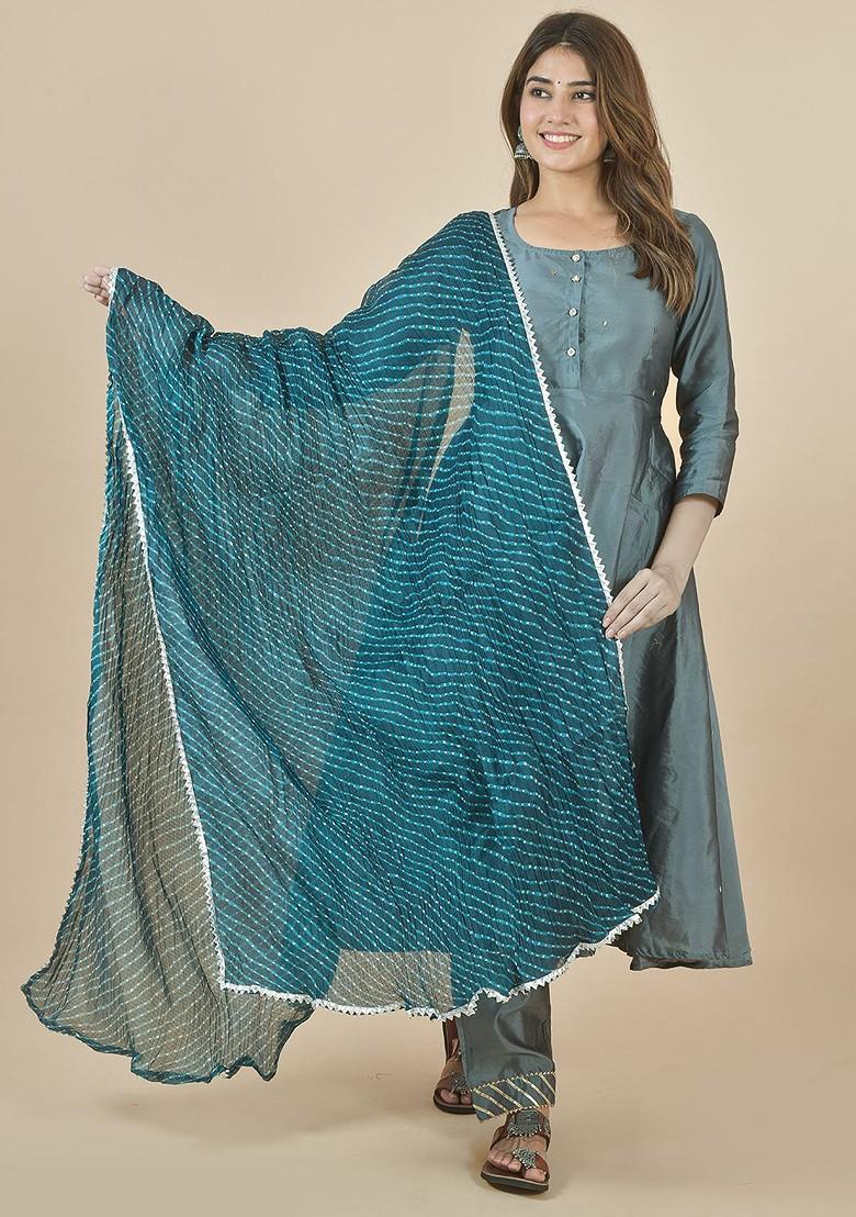 Blue Poly Blend Leheriya Printed Kota Doriya White Dupattas