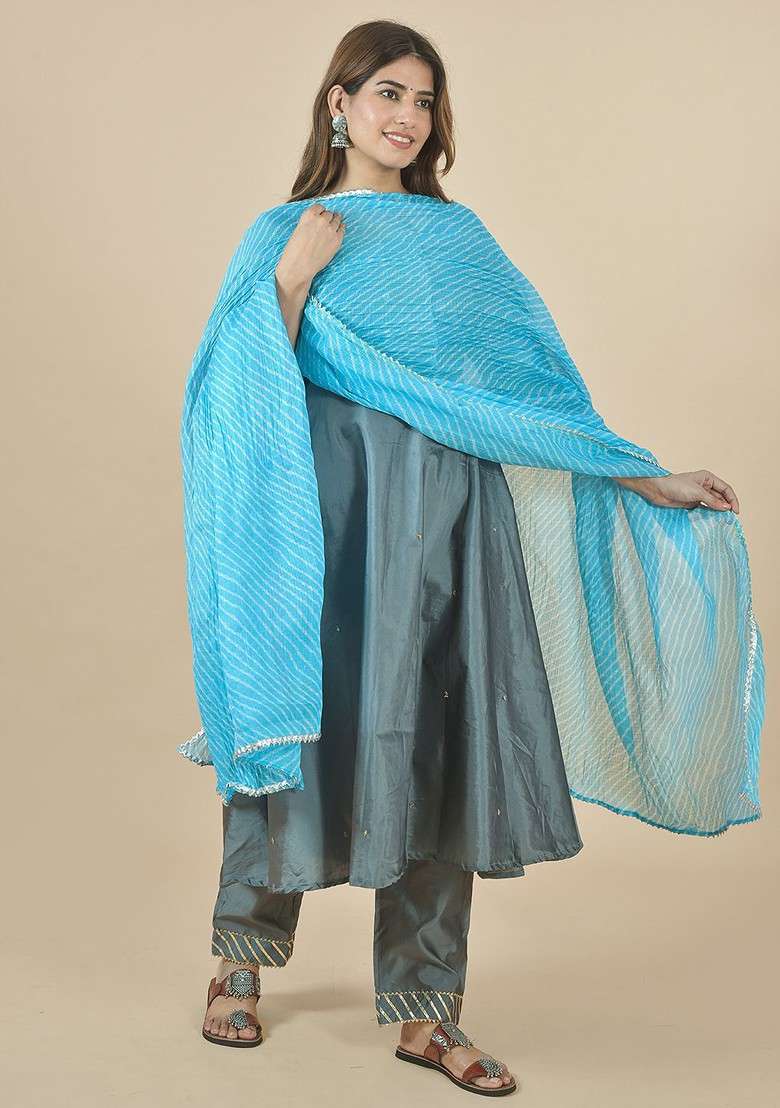 Blue Poly Blend Leheriya Printed Kota Doriya Cotton Dupatta - Indya