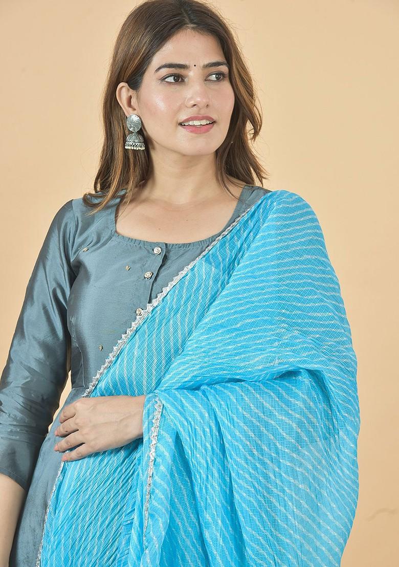 Blue Poly Blend Leheriya Printed Kota Doriya Cotton Dupatta