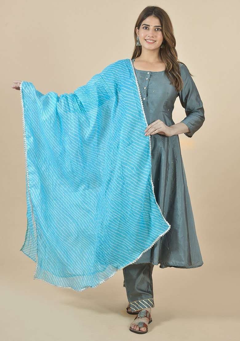 Blue Poly Blend Leheriya Printed Kota Doriya Cotton Dupatta - Indya