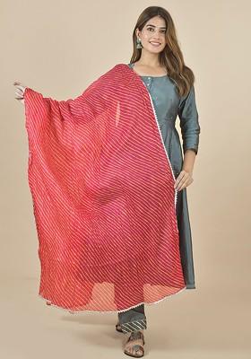 Pink Poly Blend Leheriya Printed Cotton Dupatta