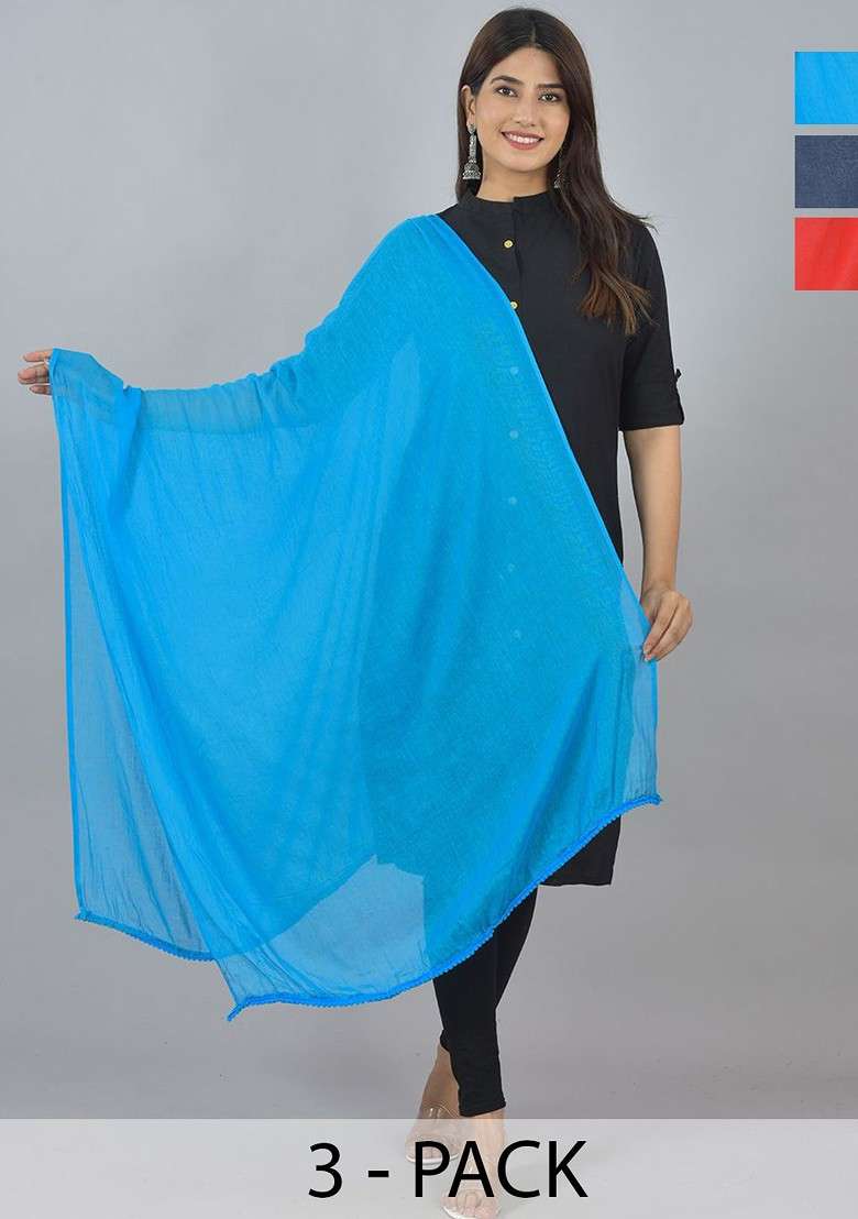 Blue Poly Blend Pack Of 3 White Dupattas - Indya