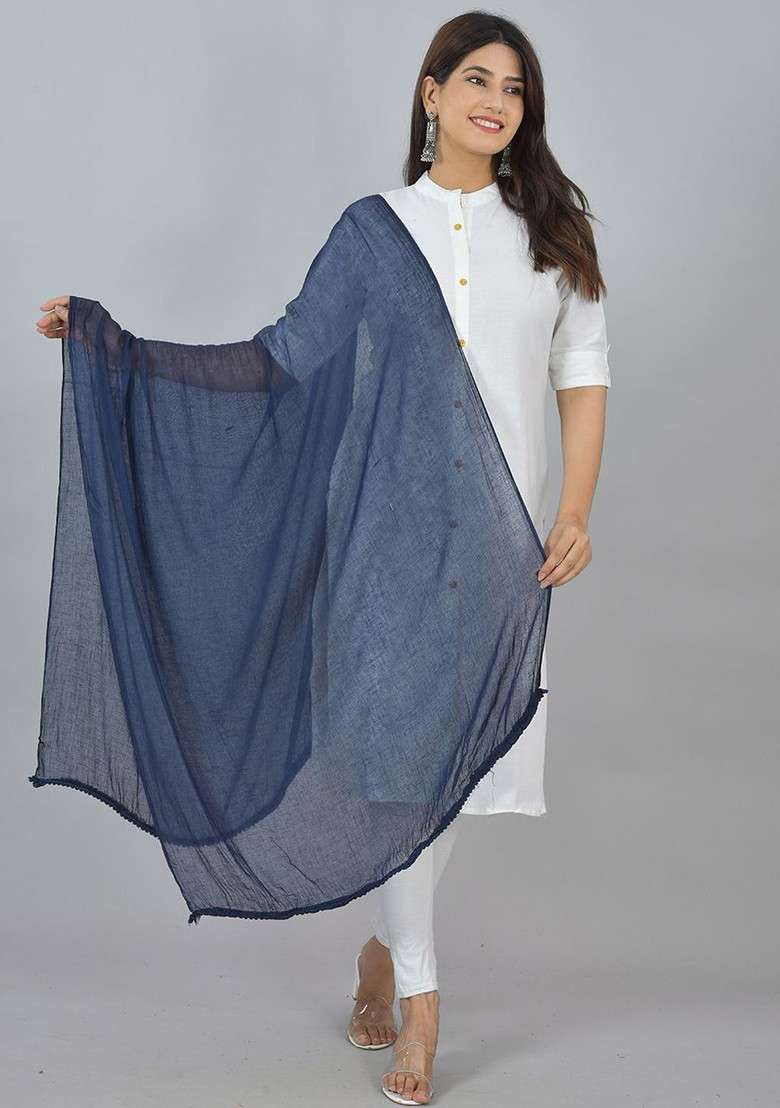Blue Poly Blend Pack Of 3 White Dupattas - Indya