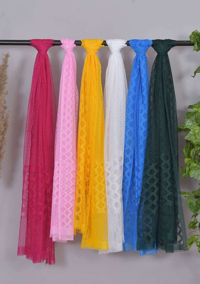 Red Poly Blend Selection Of 6 Geometric Woven Design Dupattas - Indya