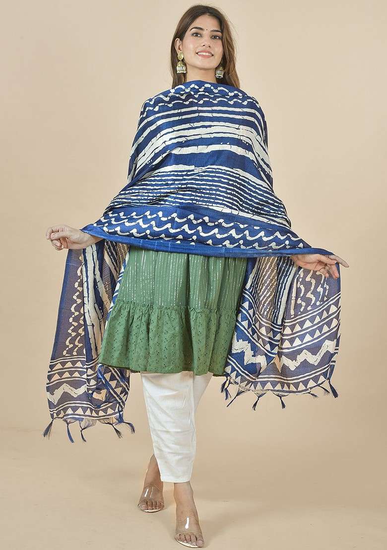 Blue Poly Blend Geometric Printed Tasselled Dupatta - Indya