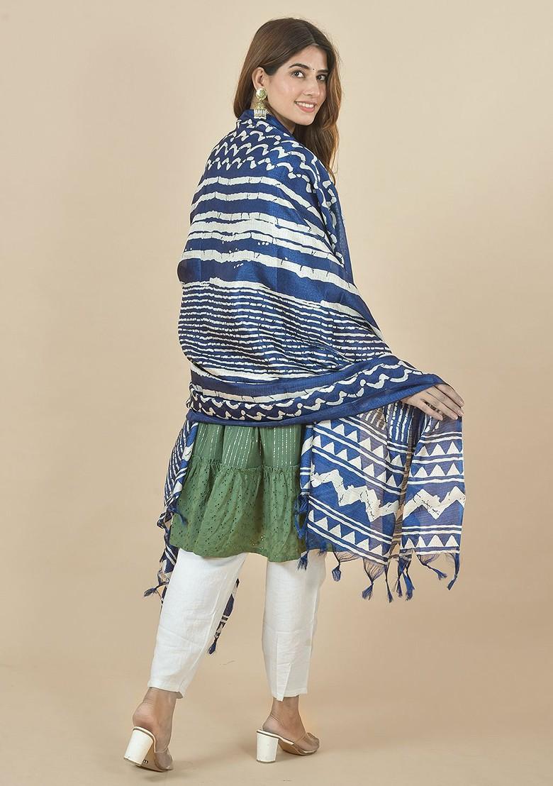 Blue Poly Blend Geometric Printed Tasselled Dupatta