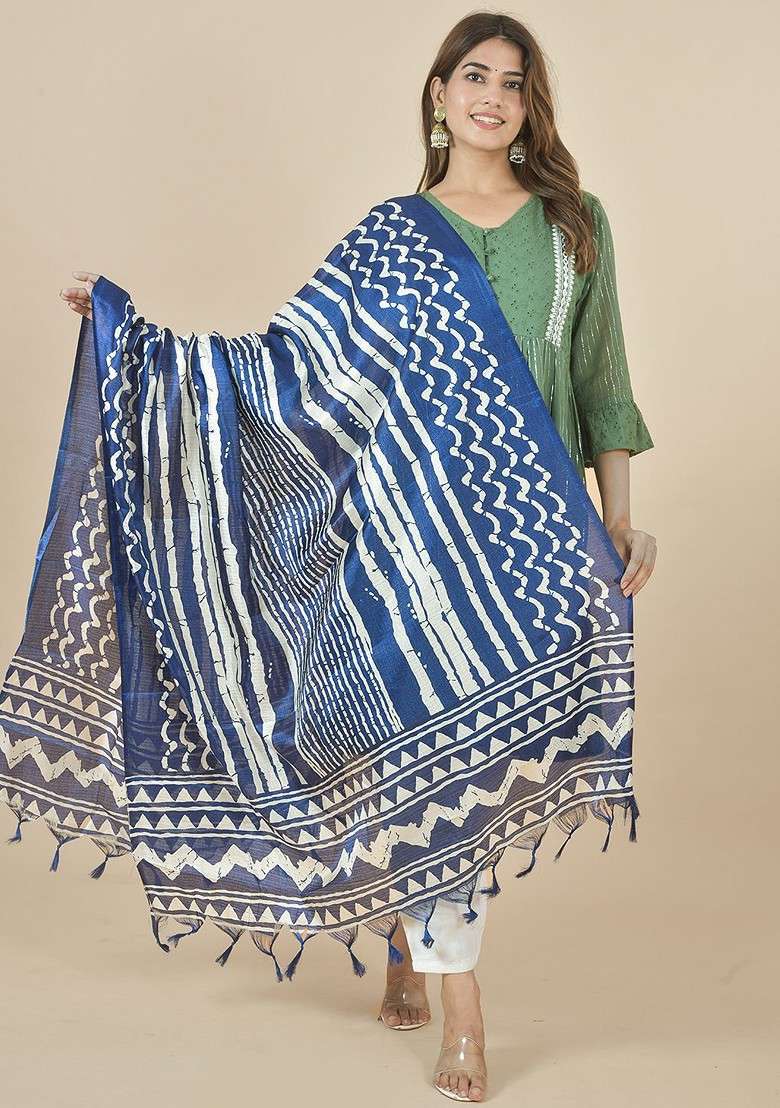 Blue Poly Blend Geometric Printed Tasselled Dupatta - Indya