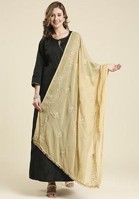 Beige Chiffon Embroidered Chiffon Thread Work Dupatta