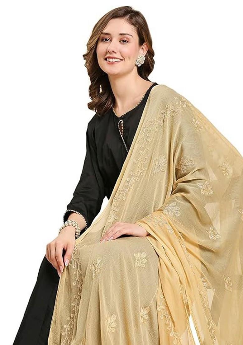 Beige Chiffon Embroidered Chiffon Thread Work Dupatta
