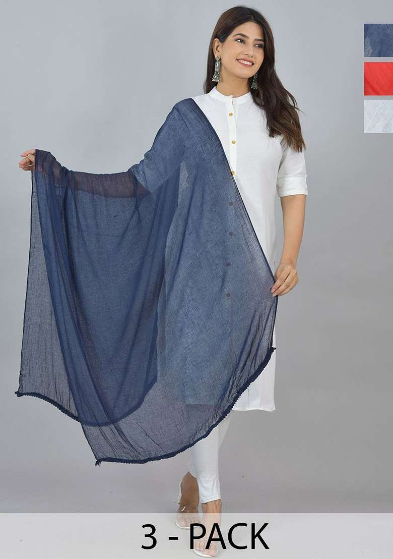 White Poly Blend Pack Of 3 White Dupattas - Indya