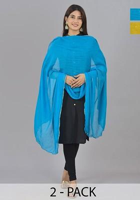 Blue Poly Blend Pack Of 2 White Dupattas