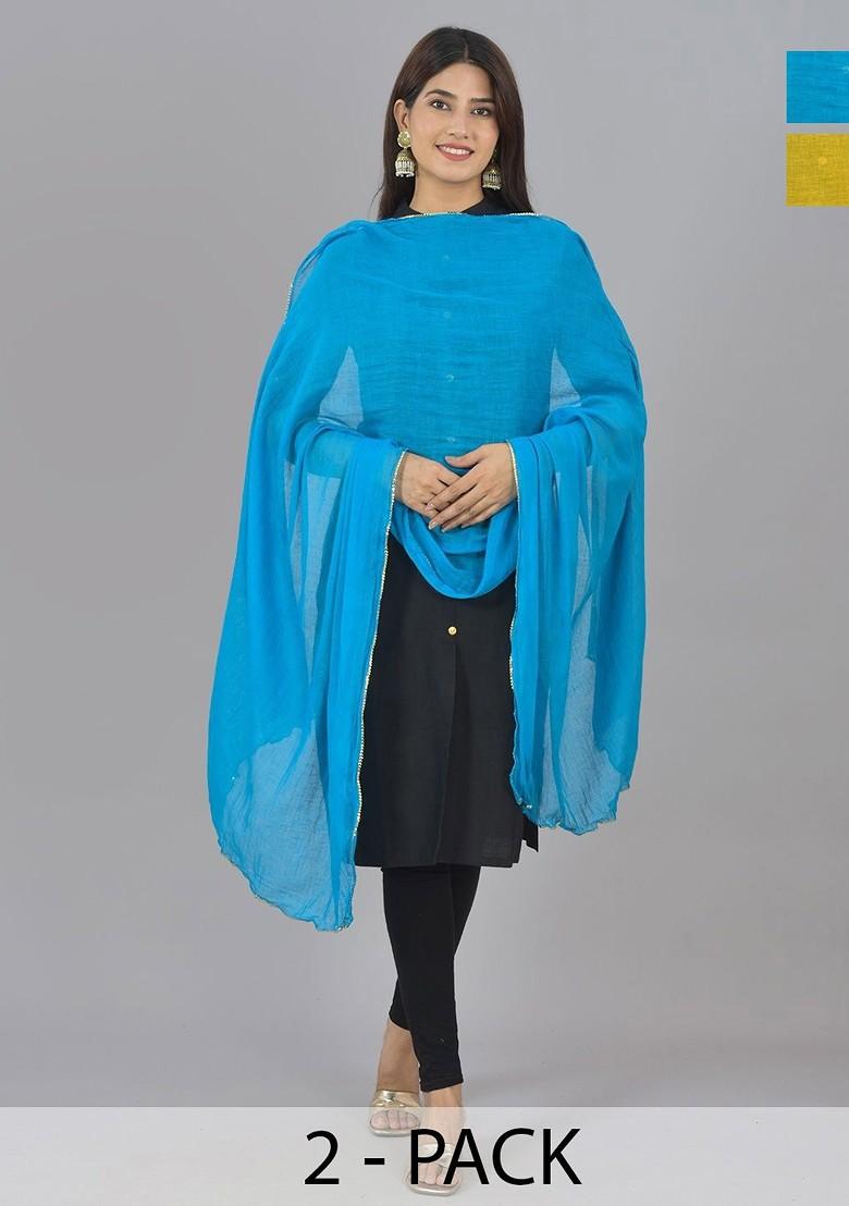 Blue Poly Blend Pack Of 2 White Dupattas