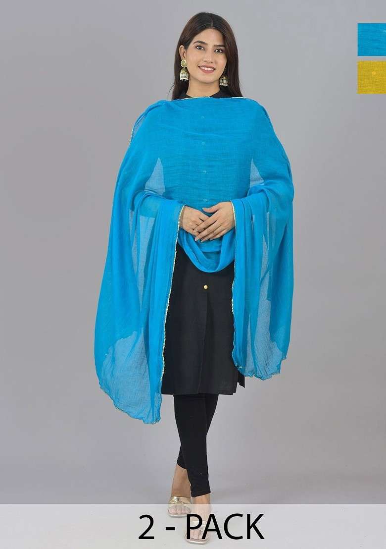 Blue Poly Blend Pack Of 2 White Dupattas - Indya