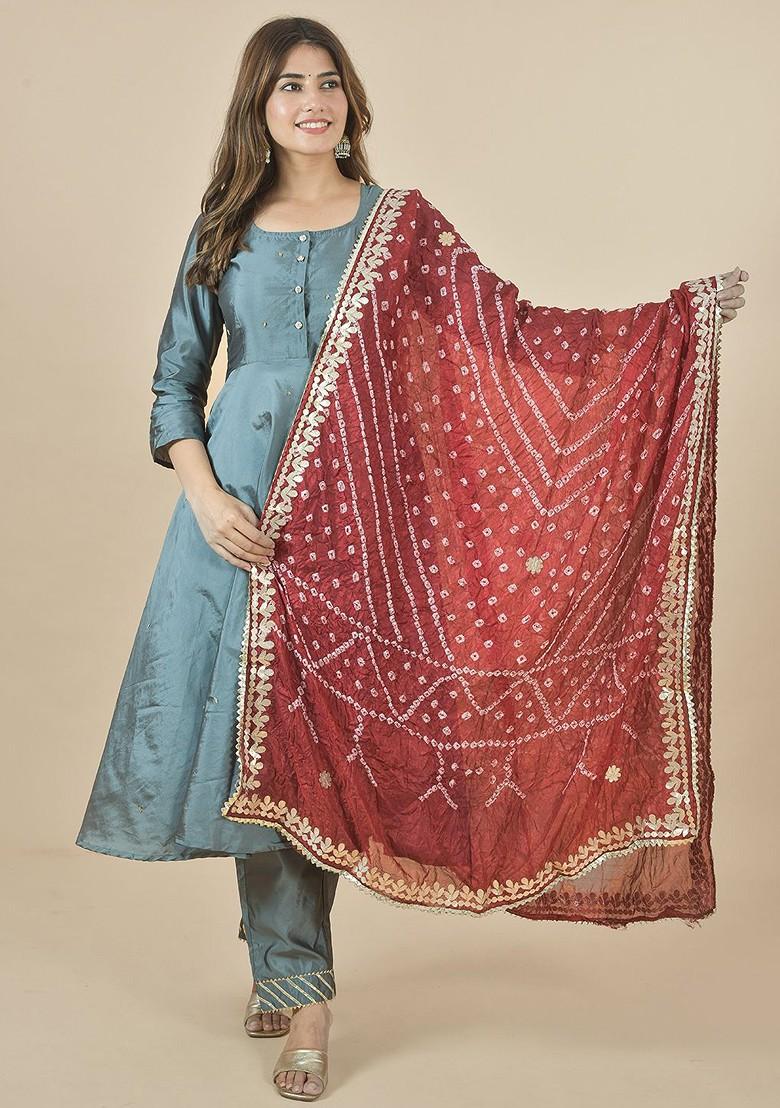 Maroon Poly Blend Bandhani Printed Dupatta With Gotta Patti