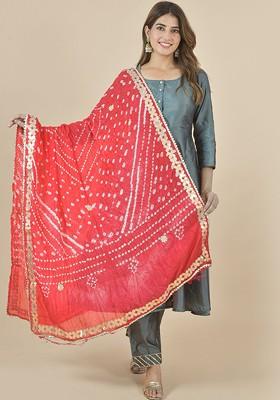 Red Poly Blend Bandhani Printed Dupatta