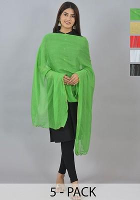 Green Poly Blend Pack Of 5 White Dupattas