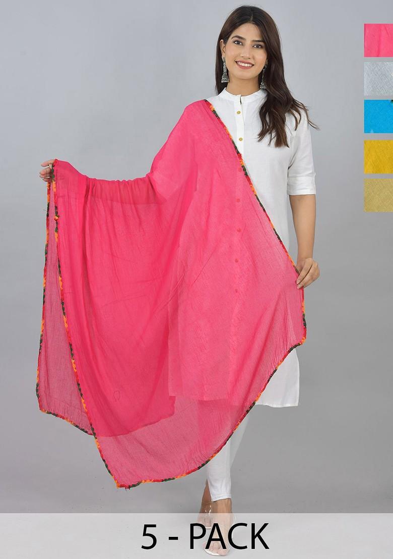 Pink Poly Blend Pack Of 5 White Dupattas