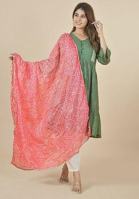 Peach Poly Blend Bandhani Printed Gotta Patti Dupatta