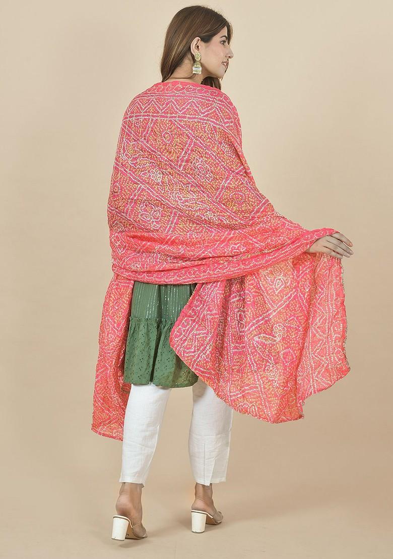 Peach Poly Blend Bandhani Printed Gotta Patti Dupatta