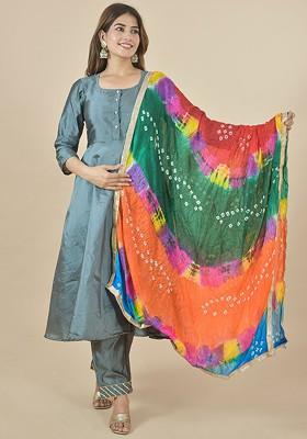 Green Poly Blend Bandhani Printed Dupatta