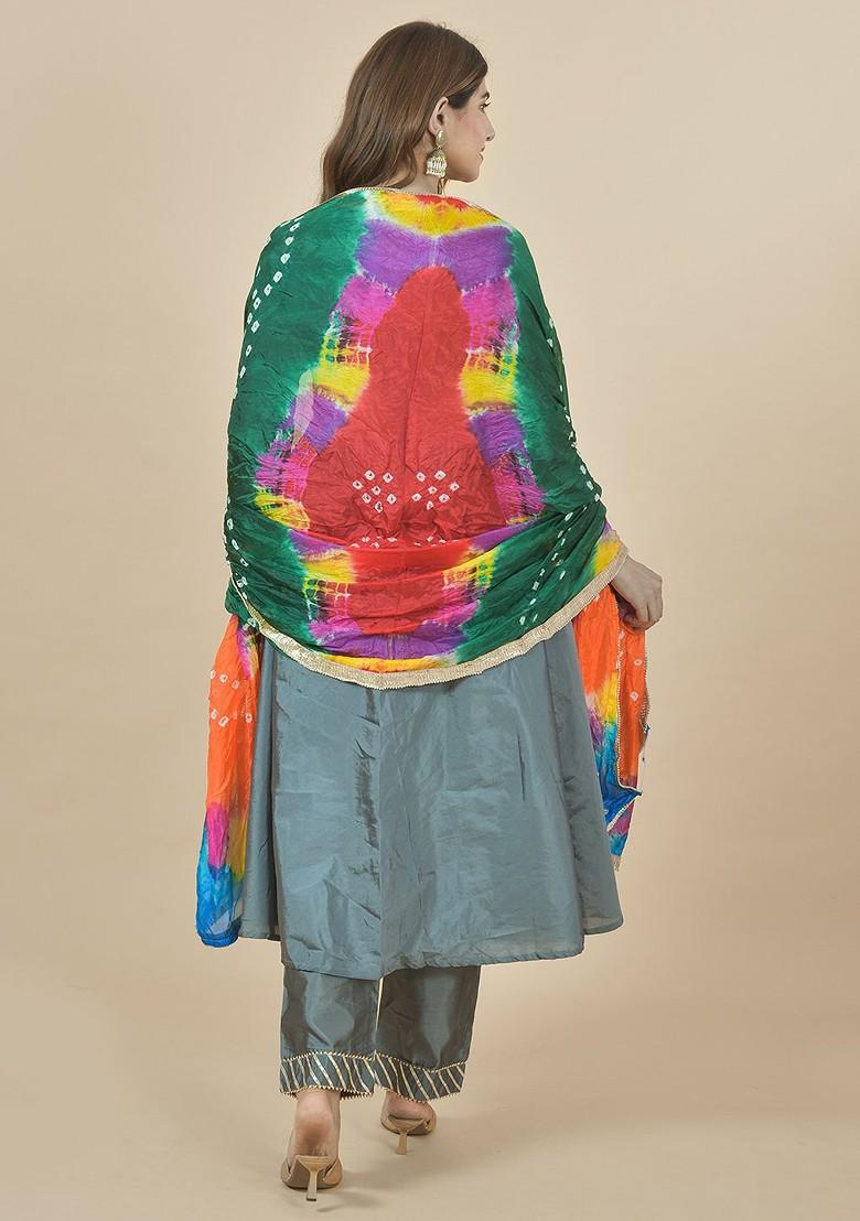Green Poly Blend Bandhani Printed Dupatta