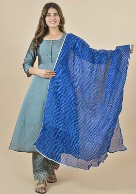 Blue Poly Blend Leheriya Printed Kota Doriya White Dupattas