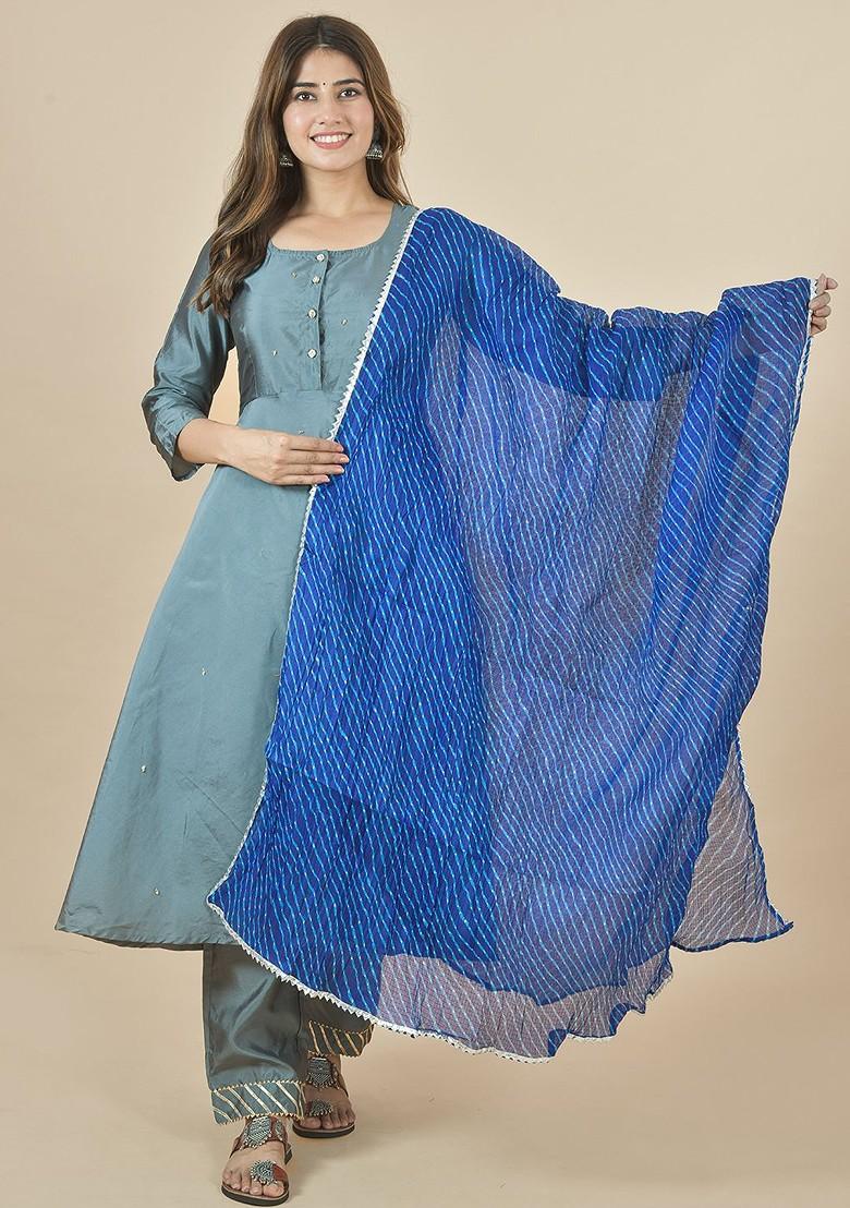 Blue Poly Blend Leheriya Printed Kota Doriya White Dupattas