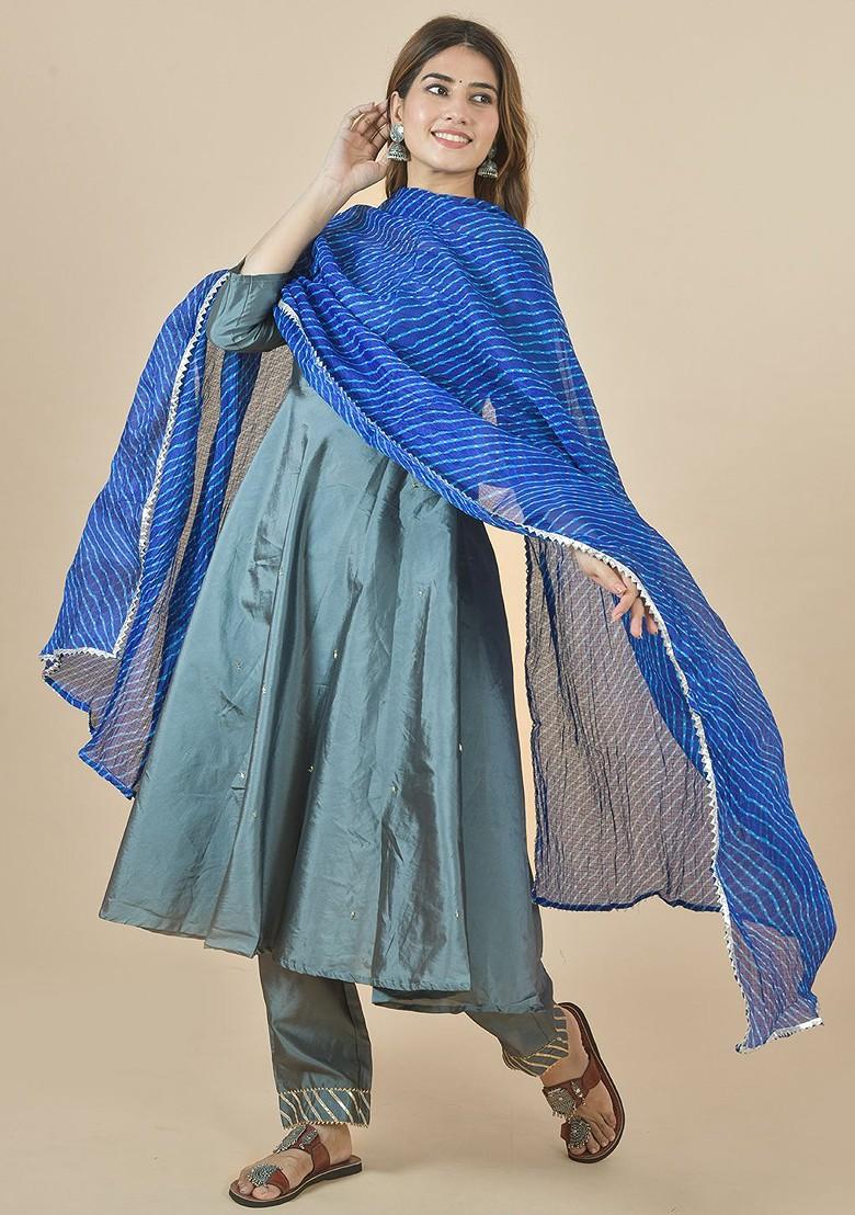 Blue Poly Blend Leheriya Printed Kota Doriya White Dupattas