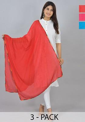 Red Poly Blend Pack Of 3 White Dupattas