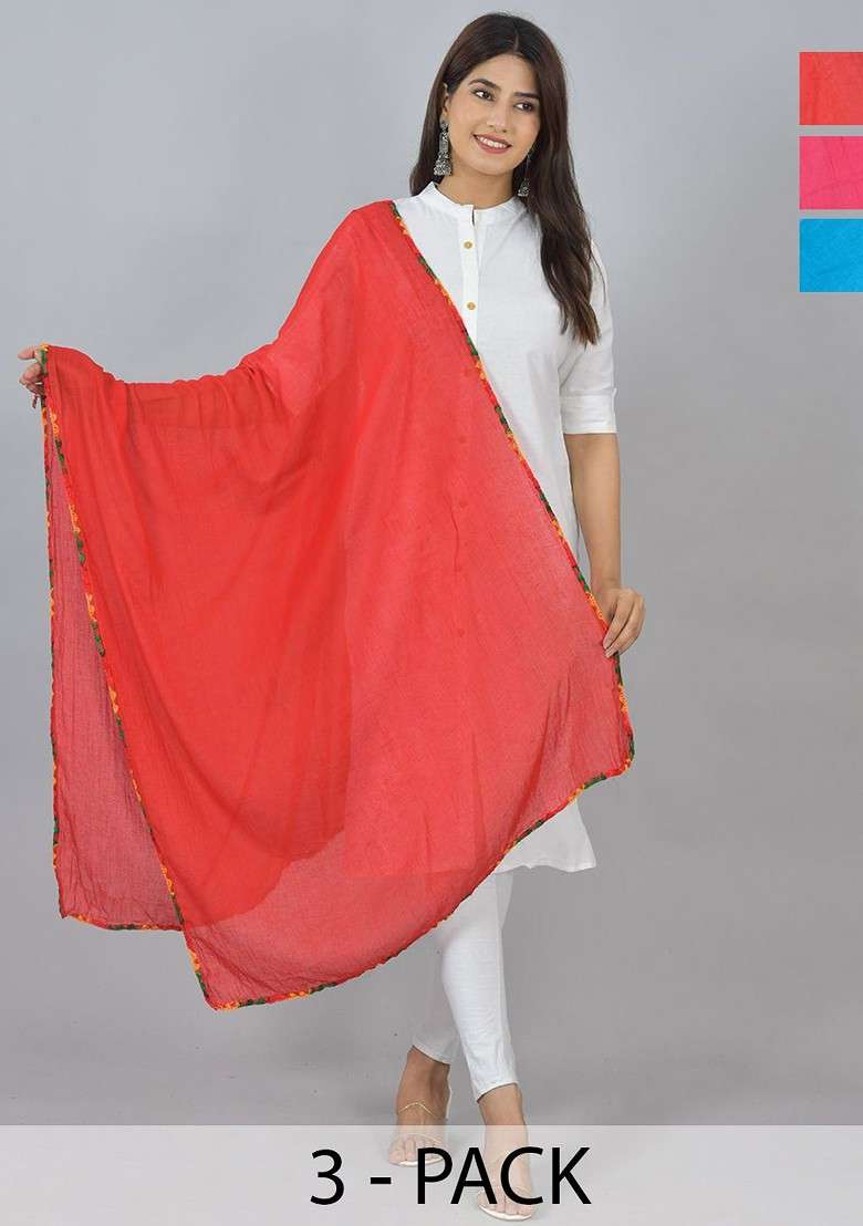 Red Poly Blend Pack Of 3 White Dupattas - Indya